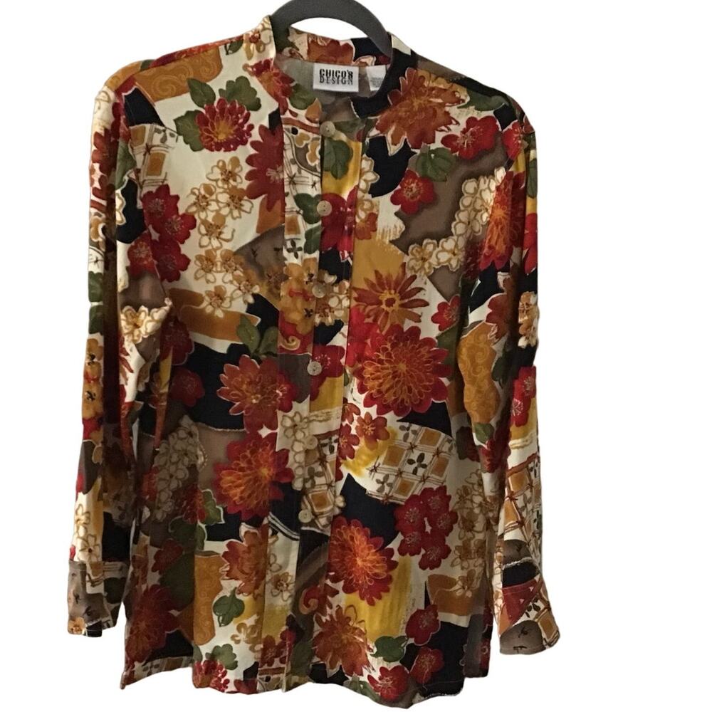 Vintage Chico's Design Floral Silk Beaded Mandarin Collar Top size 1 Medium